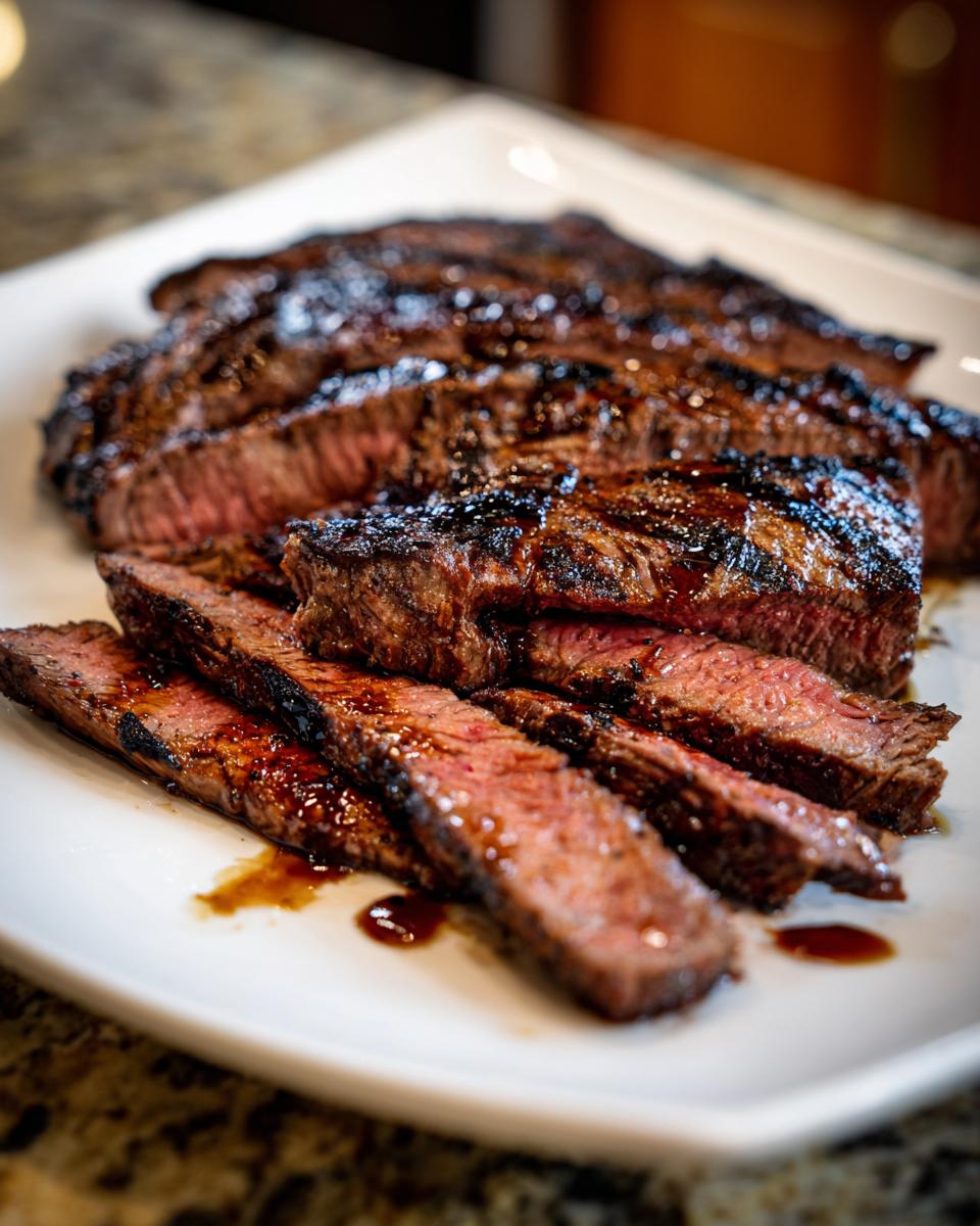 Close-up of sliced Mouthwatering Grilled Flank Steak With Balsamic Twist, glistening with sauce on a white plate.