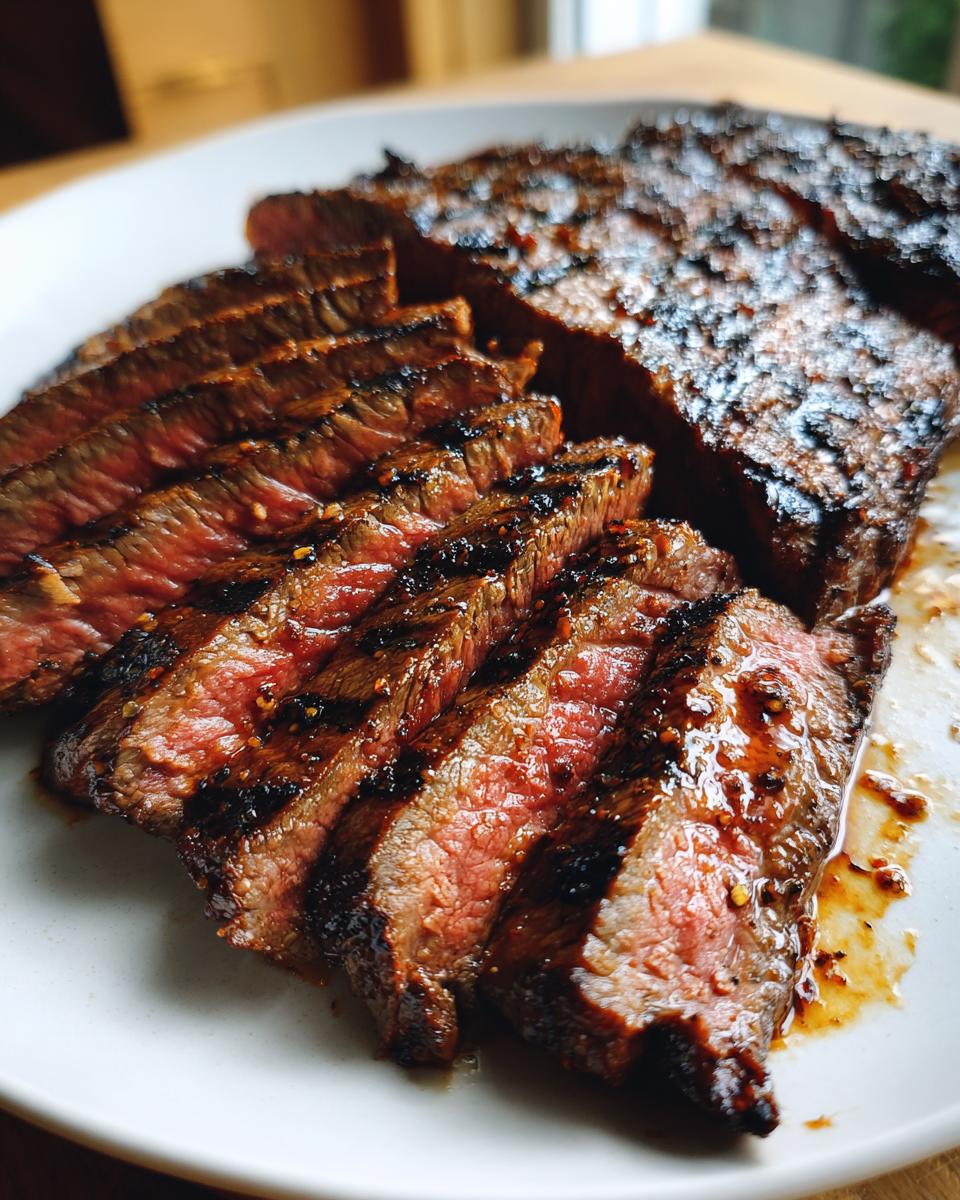Close-up of perfectly grilled flank steak, sliced and glistening with a balsamic glaze.