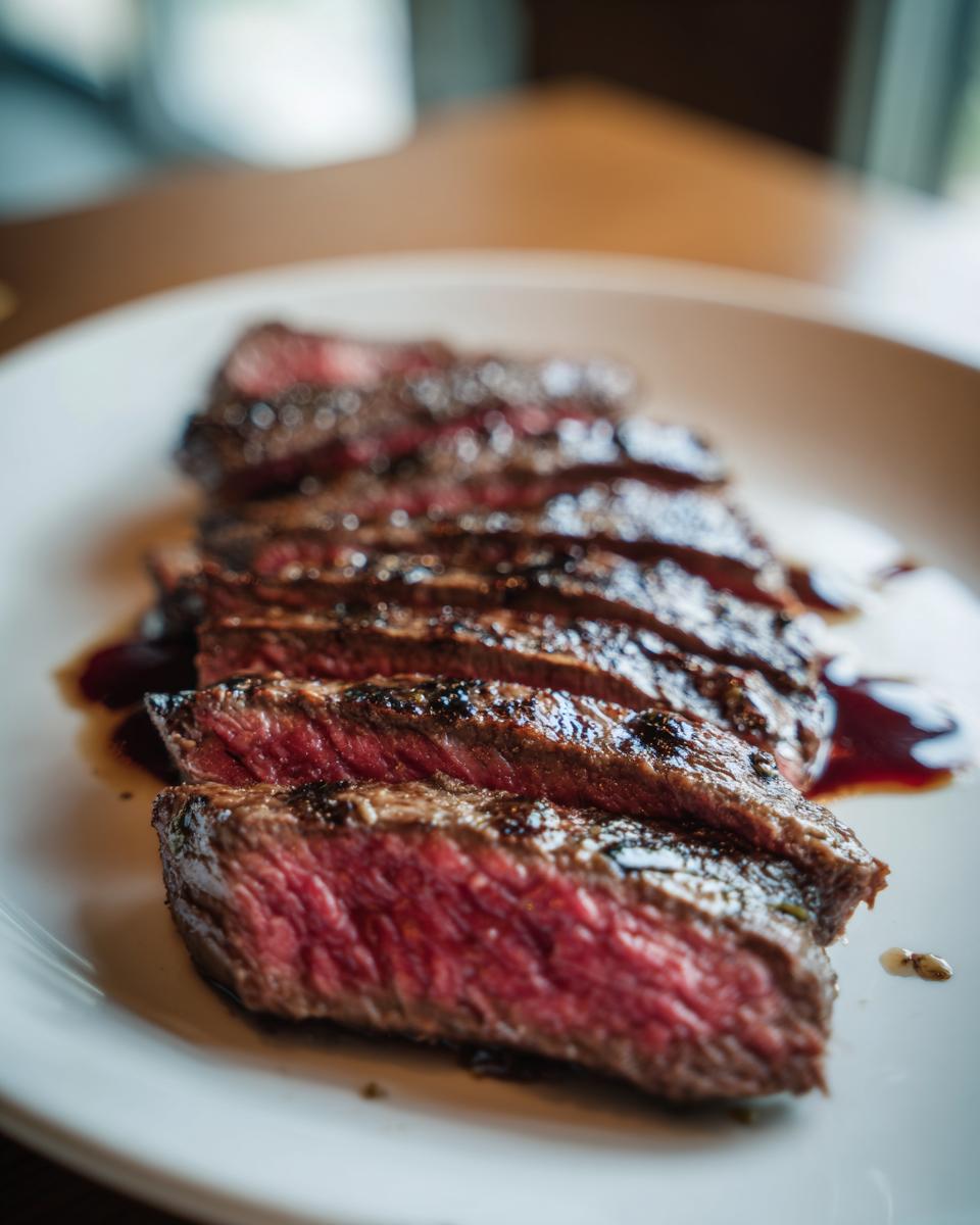 Close-up of perfectly grilled flank steak, sliced and drizzled with a rich balsamic glaze.