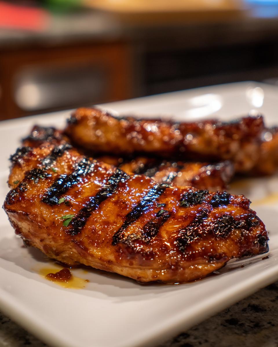 Close-up of mouthwatering grilled mango chicken pieces with grill marks on a white plate.