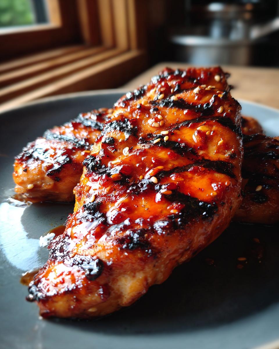 Close-up of mouthwatering grilled mango chicken breasts with grill marks and a glossy glaze, sprinkled with sesame seeds.