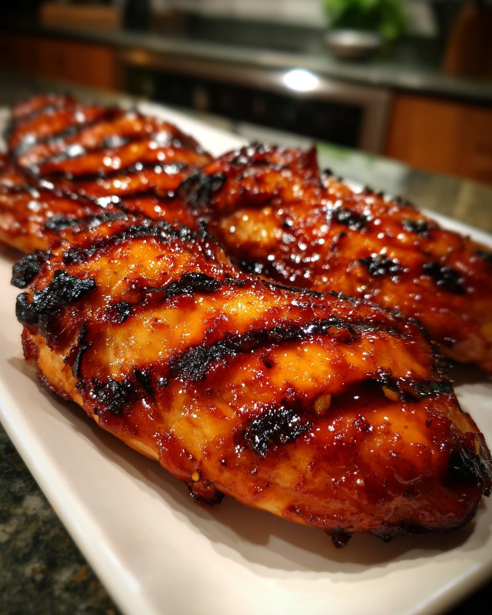 Close-up of juicy, glazed grilled mango chicken breasts with distinct grill marks on a white platter.