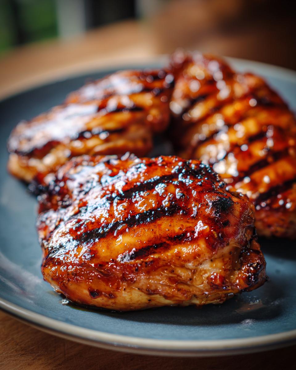 Close-up of juicy, glazed grilled chicken thighs with distinct grill marks, ready to serve.