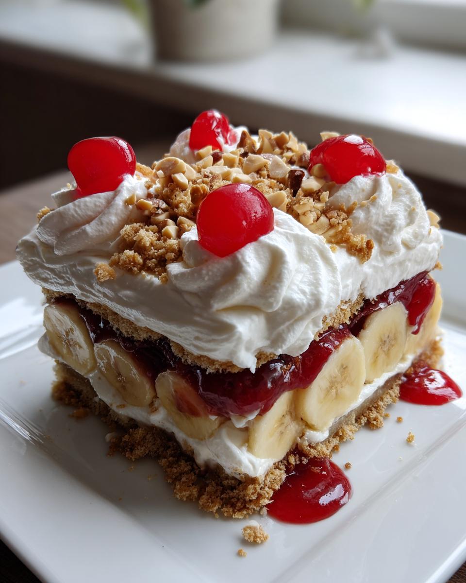 A slice of Irresistible No Bake Banana Split Dessert with layers of whipped cream, bananas, and strawberry topping.