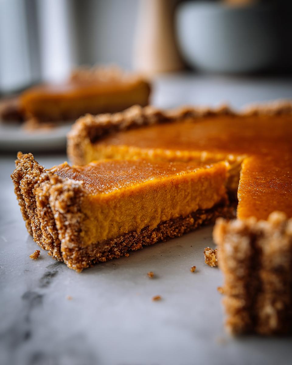 Een plak No-Bake Pumpkin Pie Delight met een knapperige bodem en romige pompoenvulling.