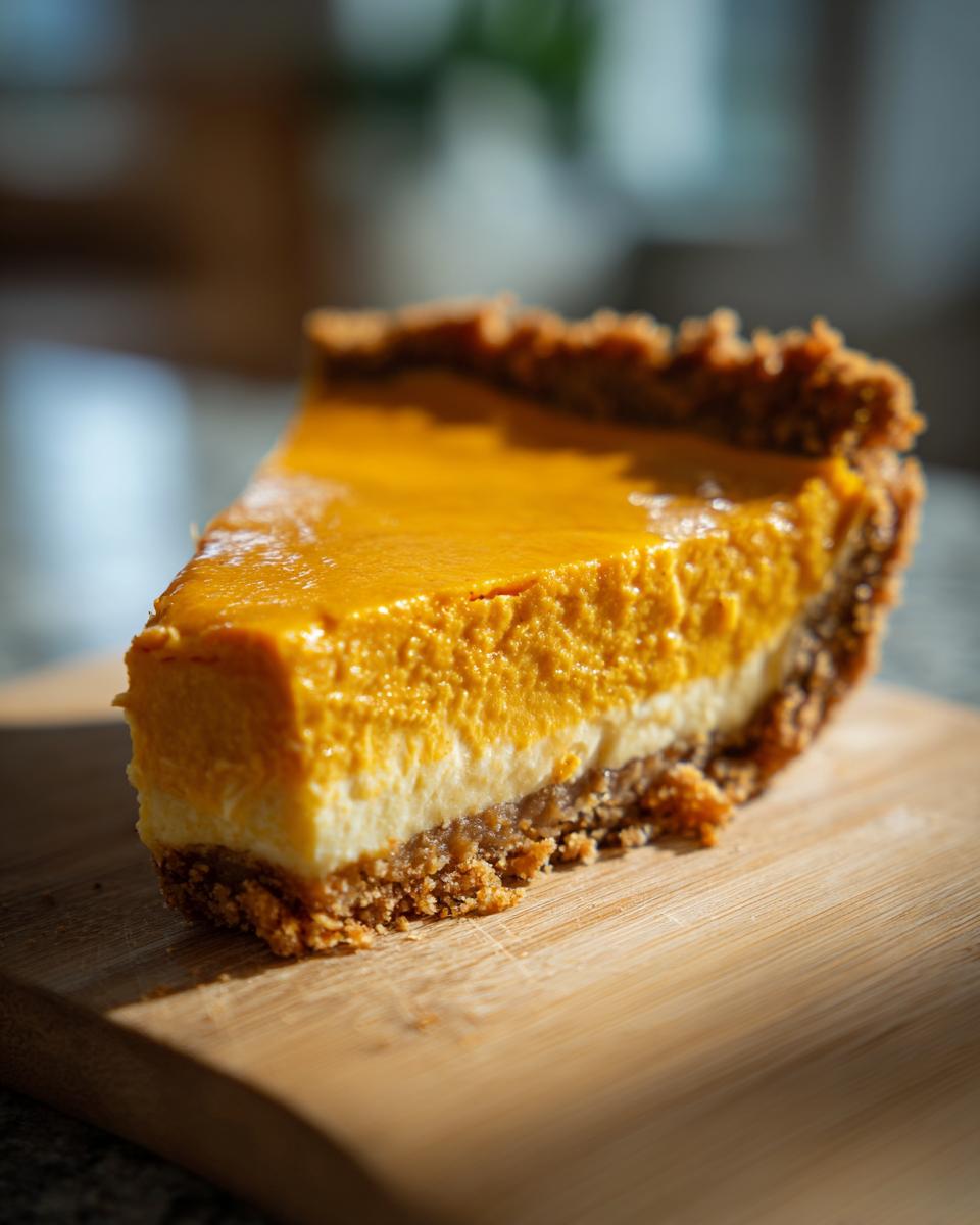 Een plak No-Bake Pumpkin Pie Delight op een houten plank, met een kruimelige bodem en romige vulling.