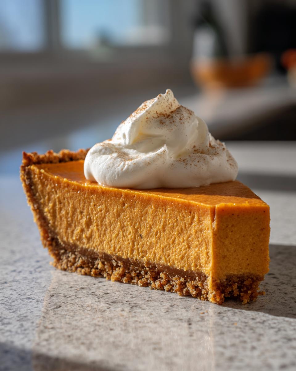 Een plak No-Bake Pumpkin Pie Delight met een royale toef slagroom en kaneel.
