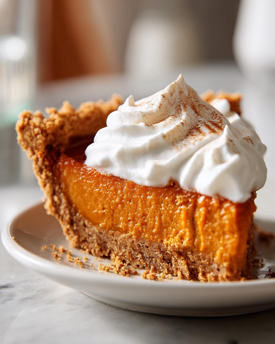 Een heerlijk stuk No-Bake Pumpkin Pie Delight met slagroom en kaneel op een witte schotel.