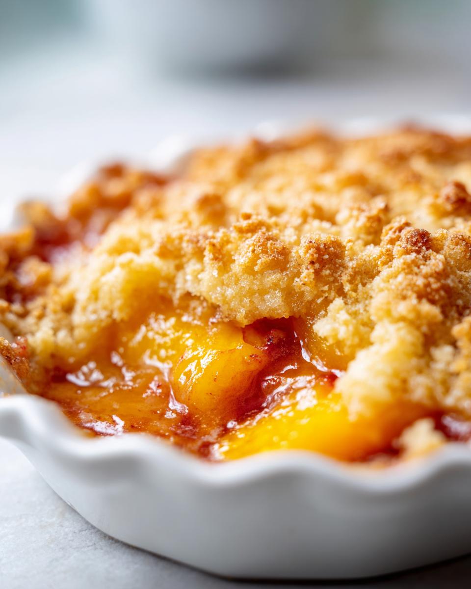 Close-up van een Oven-Baked Peach Cobbler in een witte schaal, met sappige perzikken en goudbruin kruimeldeeg.