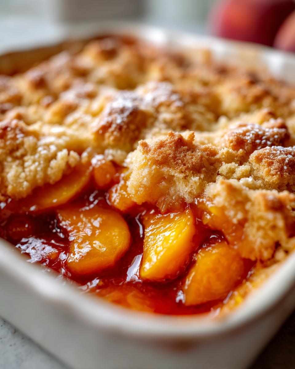 Close-up van een Oven-Baked Peach Cobbler met sappige perzikstukjes en een gouden kruimeldeeg topping.