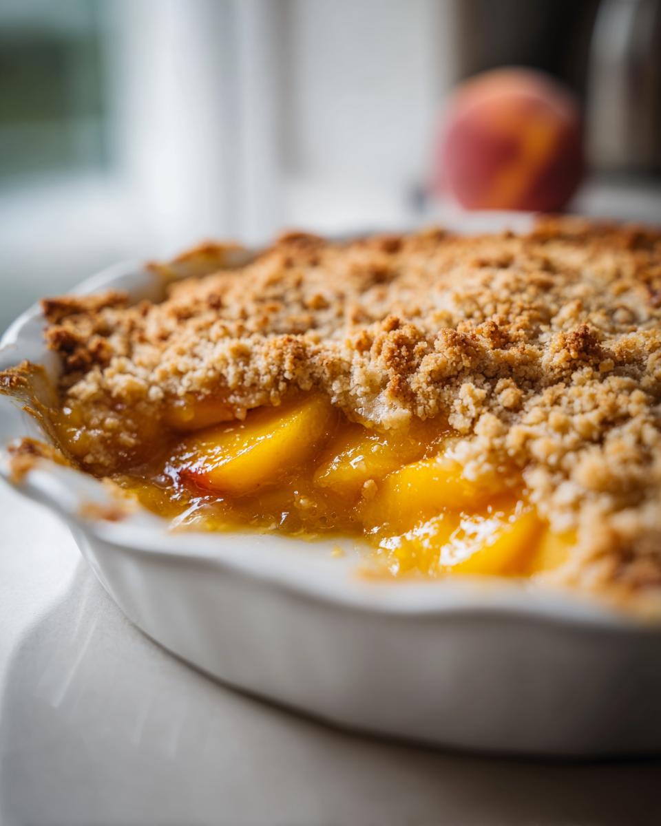 Gekookte perzikken onder een knapperige kruimellaag in een witte ovenschaal, een perfect Oven-Baked Peach Cobbler.