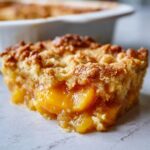 Een close-up van een perfect gebakken plak Oven-Baked Peach Cobbler met sappige perzikstukjes en een knapperige topping.