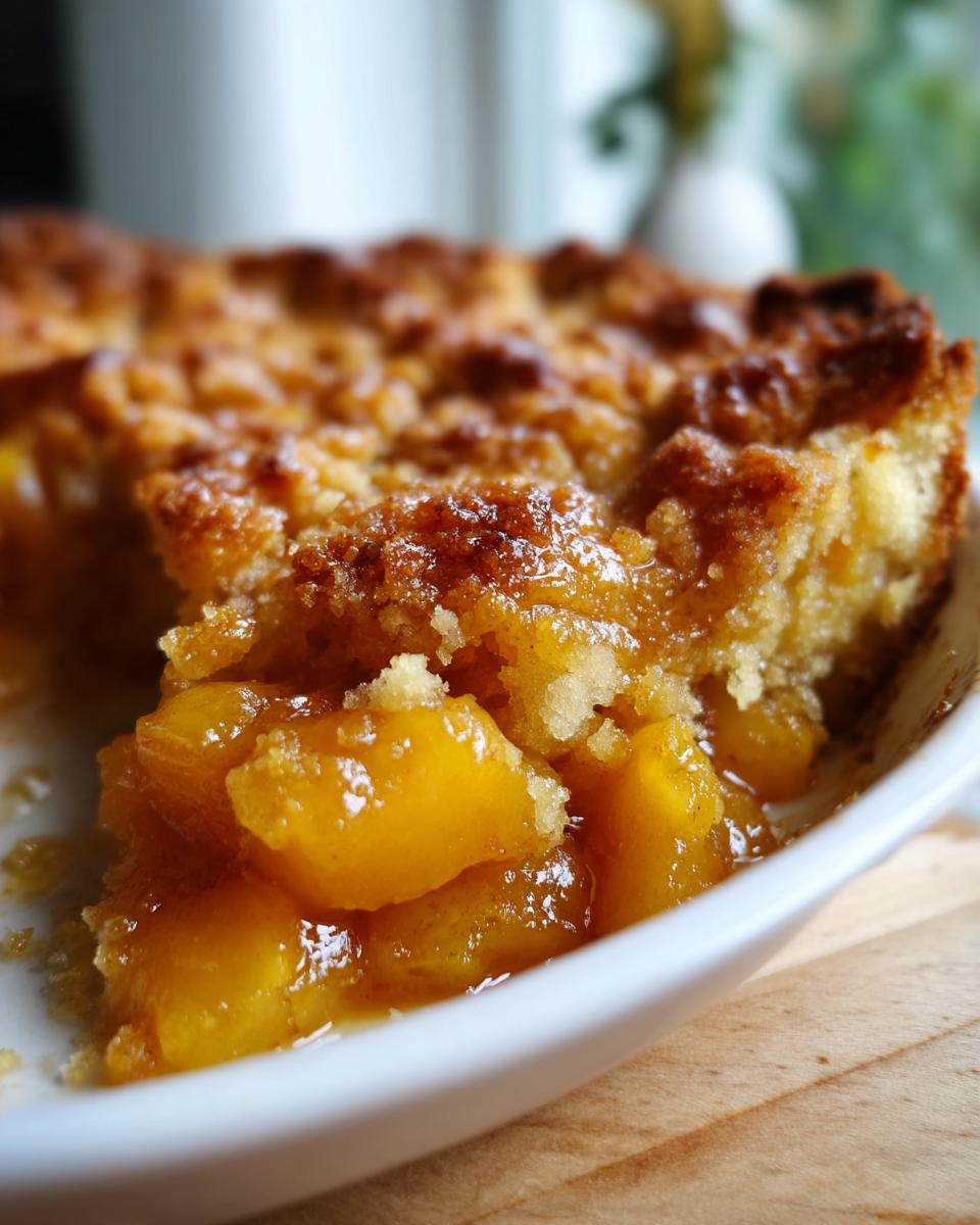 Close-up van een stuk Oven-Baked Peach Cobbler met sappige perzikstukjes en een goudbruine kruimellaag.