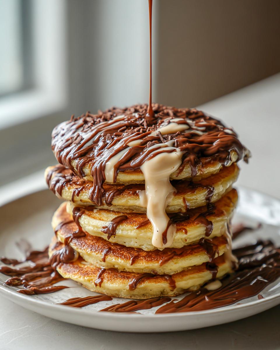 Stapel heerlijke pancakes met dulce de leche en chocoladesaus, bestrooid met chocoladeschaafsel.