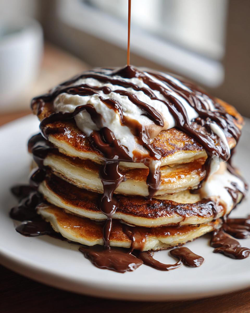 Stapel heerlijke pancakes bedekt met slagroom, dulce de leche en rijkelijk overgoten met chocoladesaus.