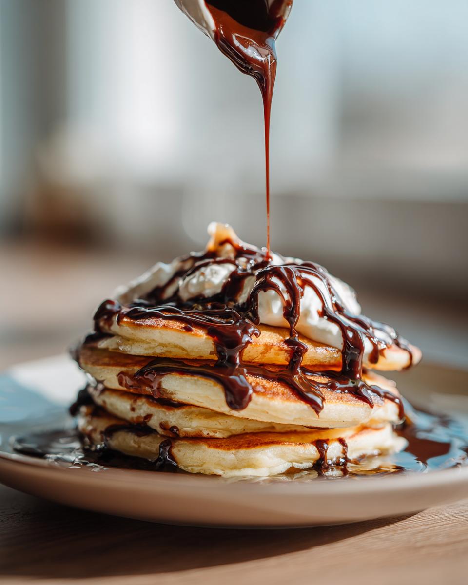 Stapel heerlijke pancakes met slagroom, overgoten met dulce de leche en chocoladesaus.