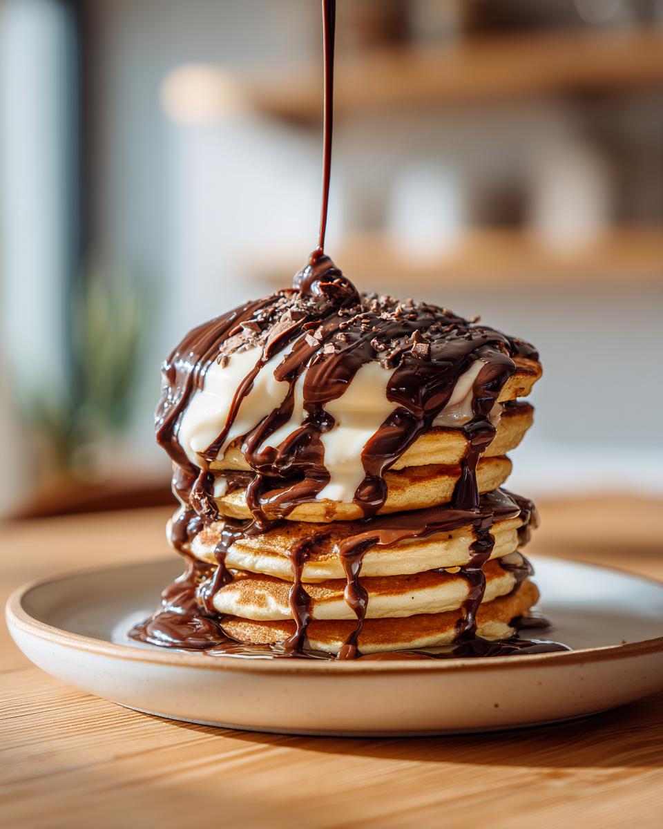 Stapel heerlijke pancakes met dulce de leche en een royale laag chocoladesaus, bestrooid met chocoladeschaafsel.