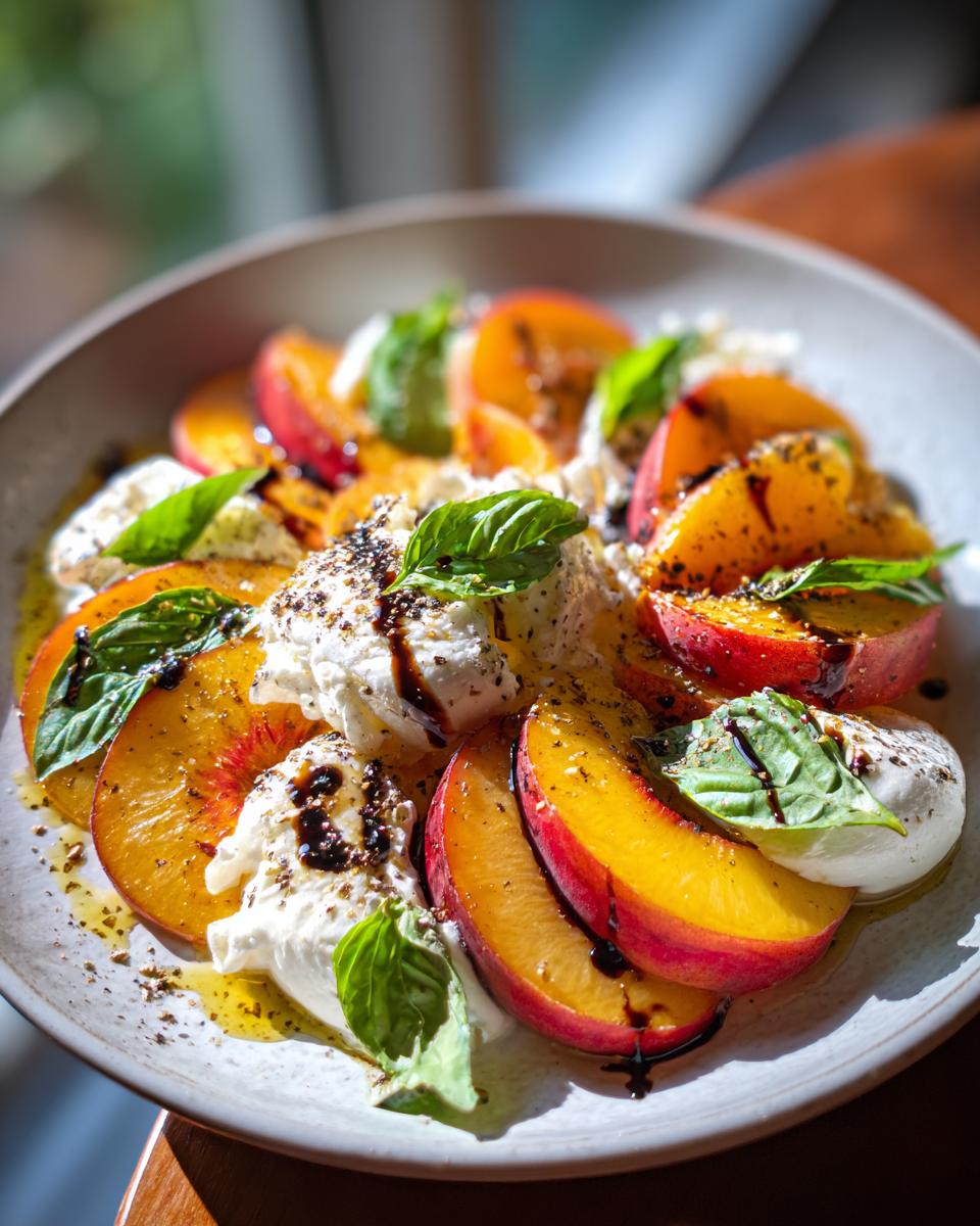 A close-up of a Delightful Peach Caprese Salad With Burrata Recipe, featuring sliced peaches, creamy burrata cheese, and fresh basil leaves drizzled with balsamic glaze.