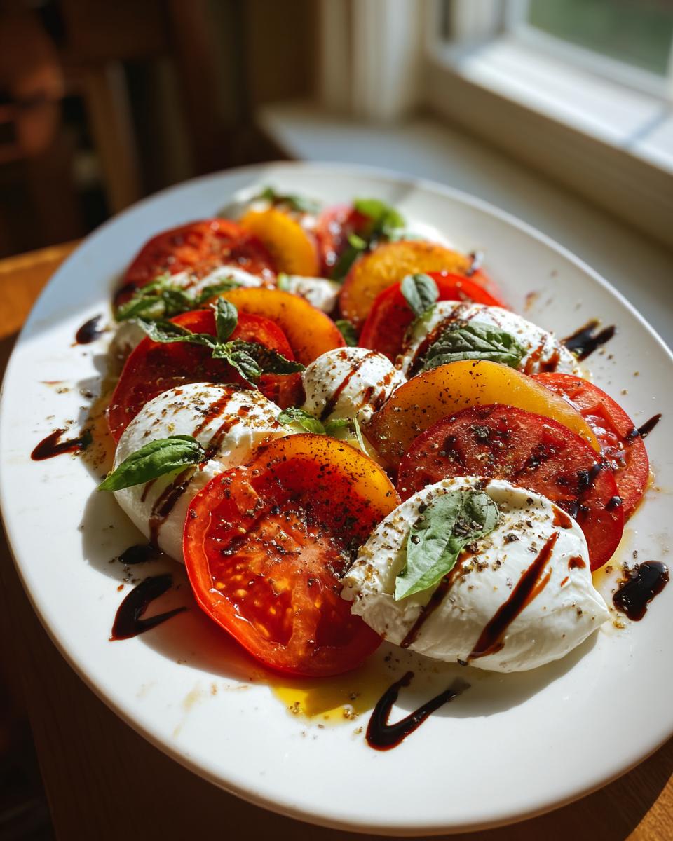 A delightful Peach Caprese Salad with Burrata, featuring sliced tomatoes, peaches, fresh mozzarella, basil, and balsamic glaze.