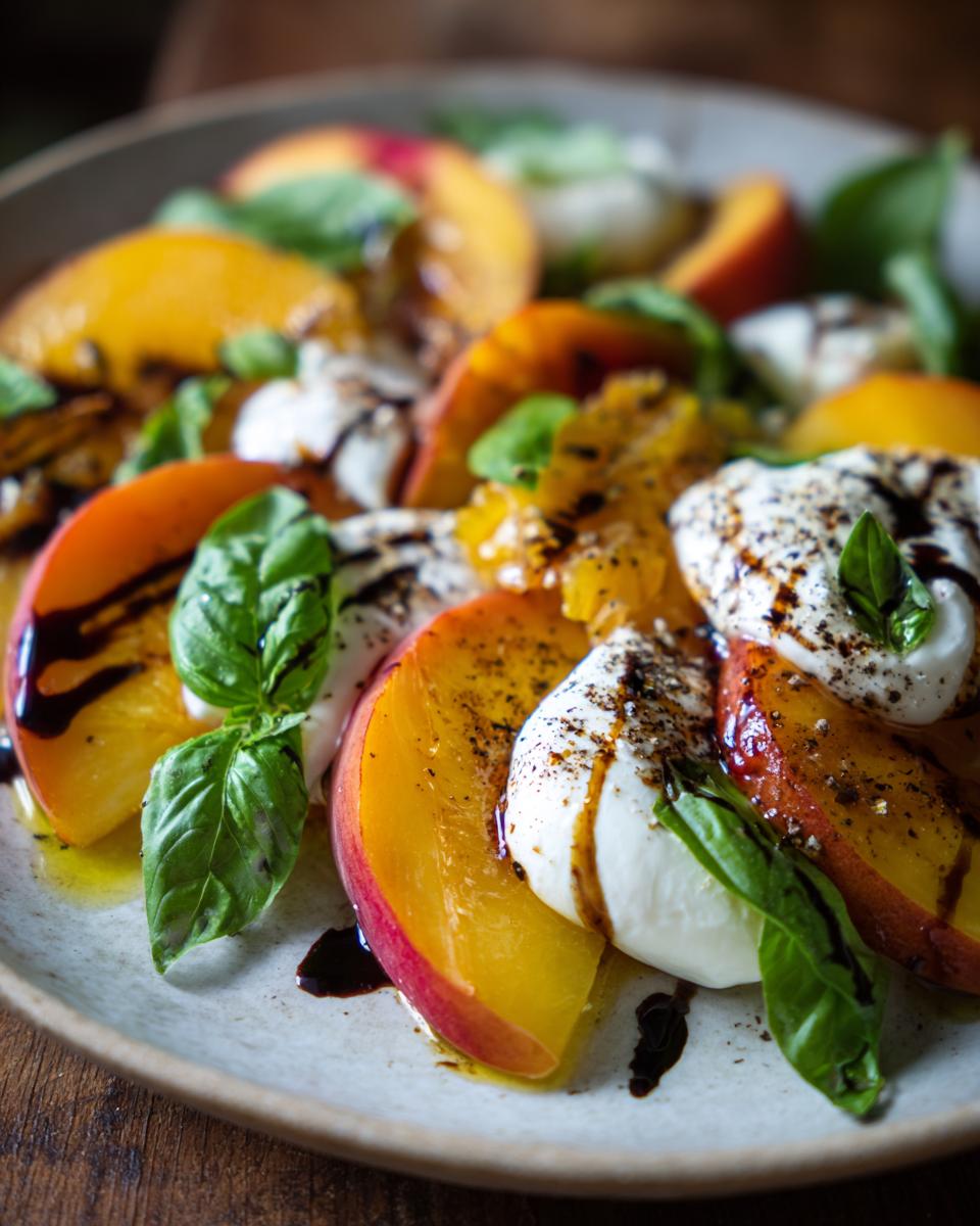 Close-up of a Delightful Peach Caprese Salad With Burrata, featuring fresh peaches, creamy burrata cheese, basil, and balsamic glaze.