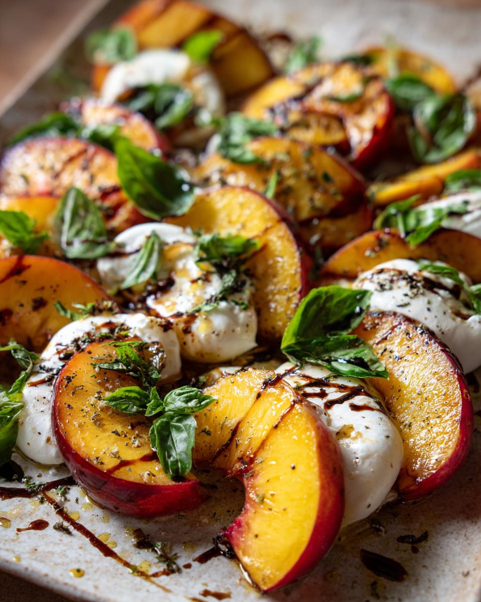 Close-up of a Delightful Peach Caprese Salad With Burrata, featuring grilled peach slices, creamy burrata cheese, and fresh basil.