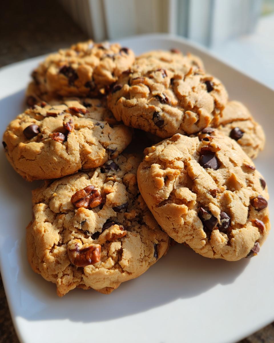 Een stapel heerlijke Peanut Butter Cowboy Cookies met chocoladestukjes en pecannoten op een wit bord.