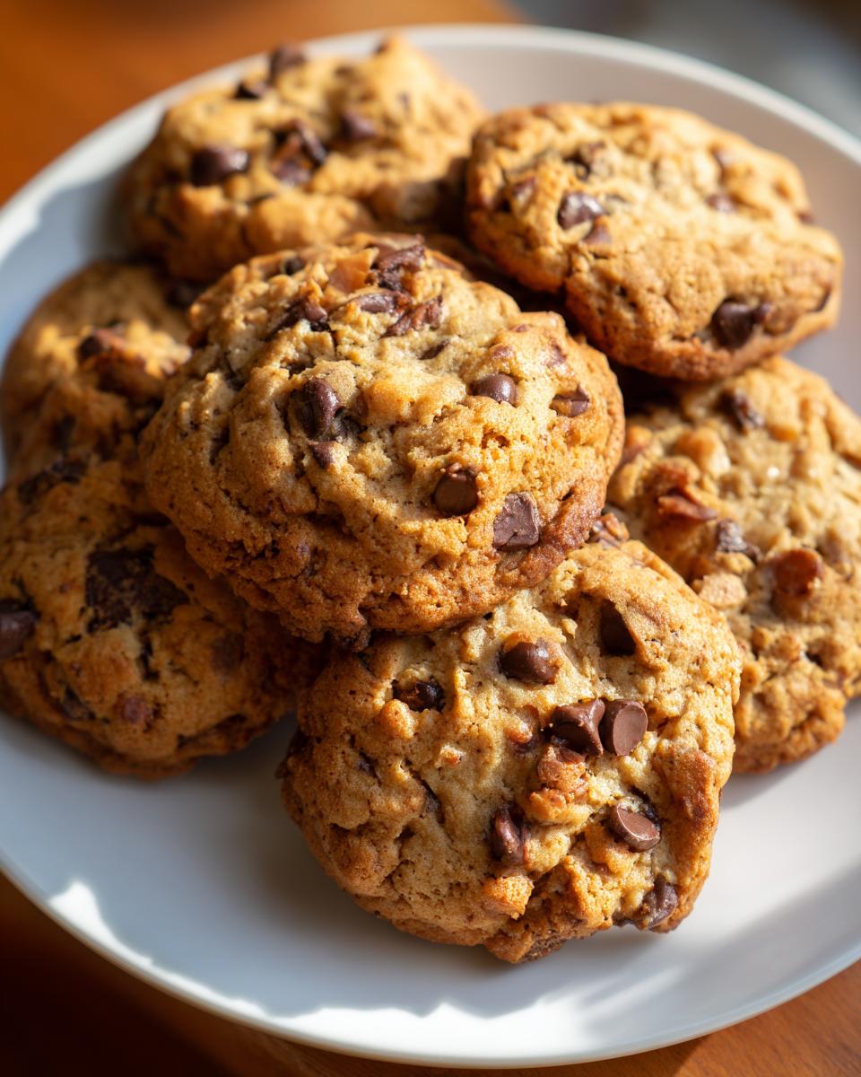 Close-up van een stapel heerlijke Peanut Butter Cowboy Cookies met veel chocoladestukjes.