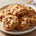 Een close-up van een stapel heerlijke Peanut Butter Cowboy Cookies, vol met chocoladestukjes en pecannoten.