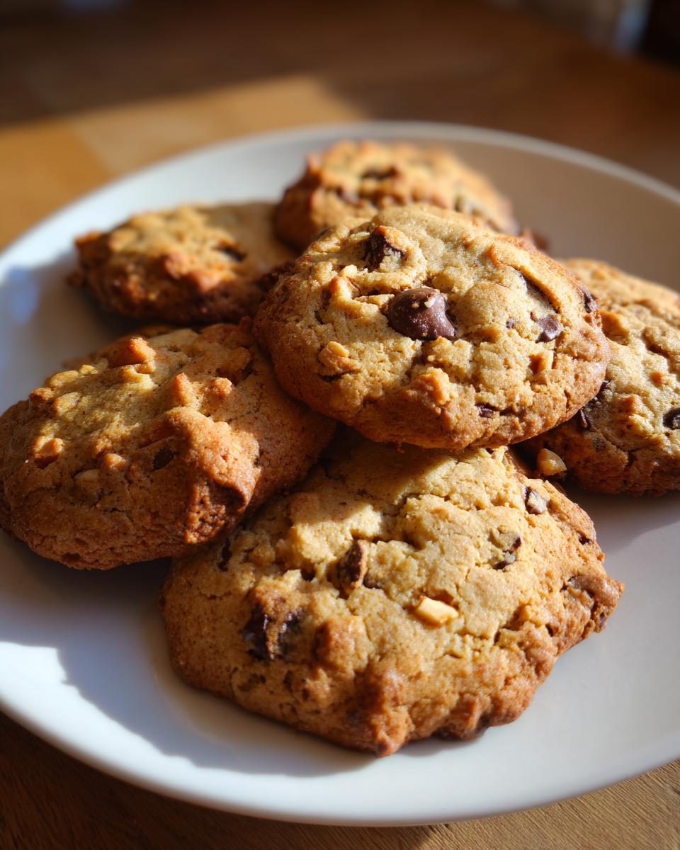 Een stapel heerlijke Peanut Butter Cowboy Cookies met chocoladestukjes, op een wit bord.