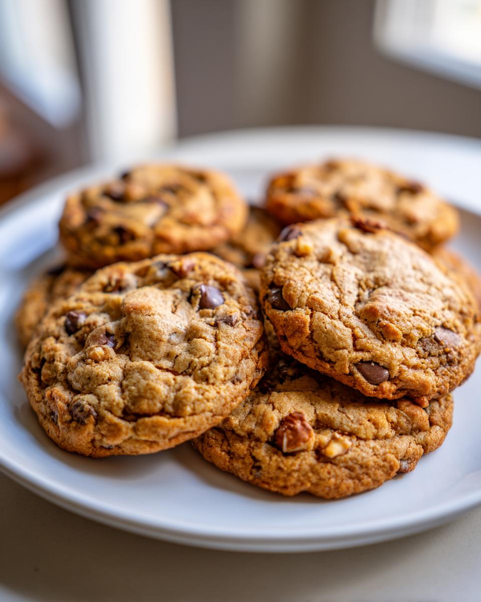 Een stapel heerlijke Peanut Butter Cowboy Cookies met chocoladestukjes en walnoten op een wit bord.
