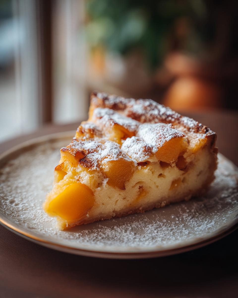 Een plak perzik en abrikoos clafoutis, bestrooid met poedersuiker, op een bord.