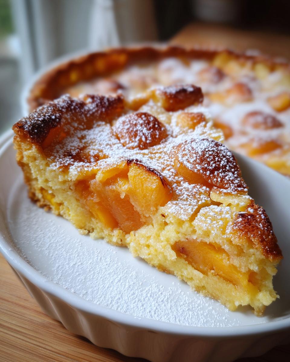 Een plak perzik en abrikoos clafoutis, bestrooid met poedersuiker, in een witte schaal.