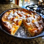 Een heerlijke Peach and Apricot Clafoutis, bestrooid met poedersuiker, in een gietijzeren pan.