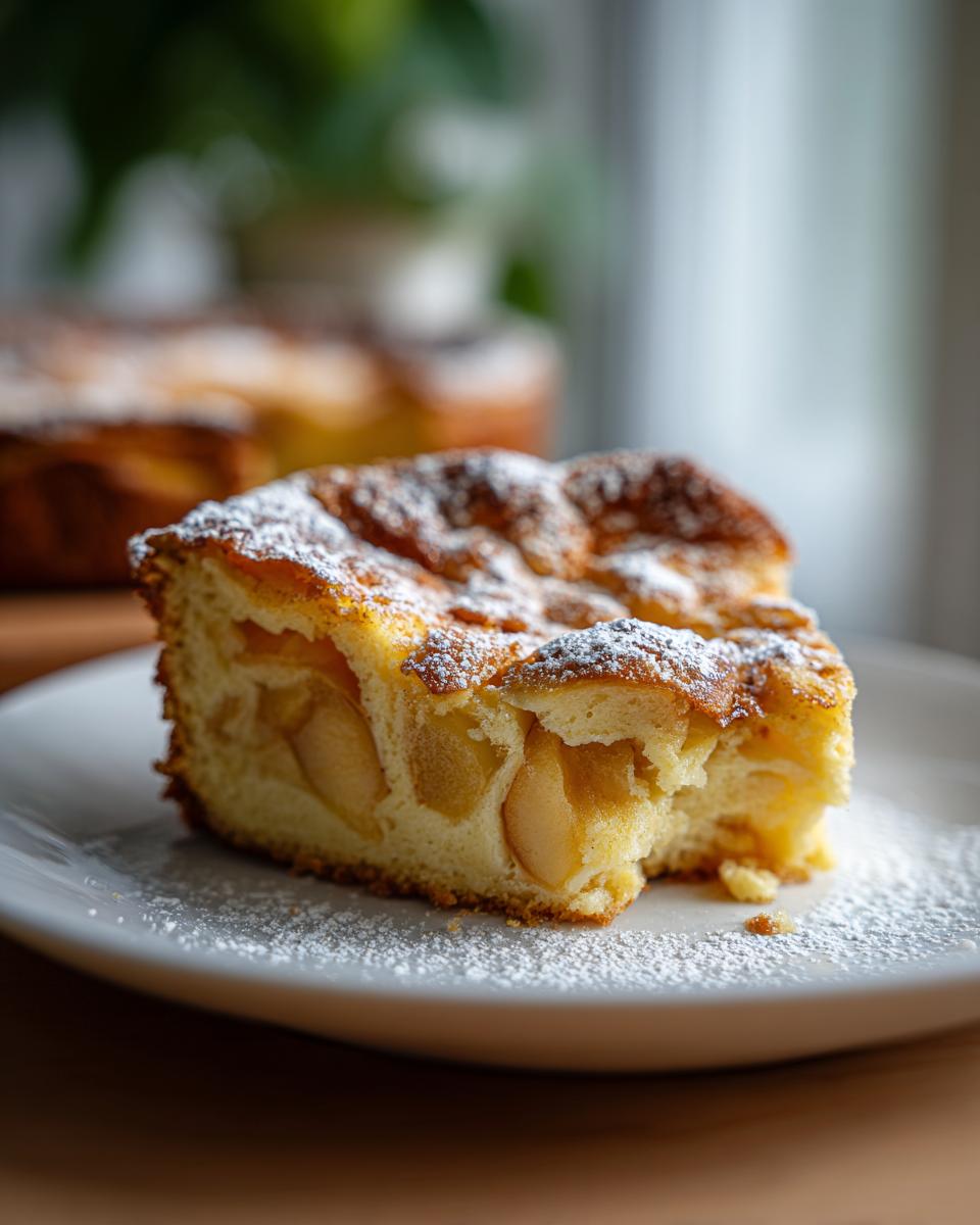 Een heerlijk stuk perzik en abrikoos clafoutis, bestrooid met poedersuiker, op een wit bord.