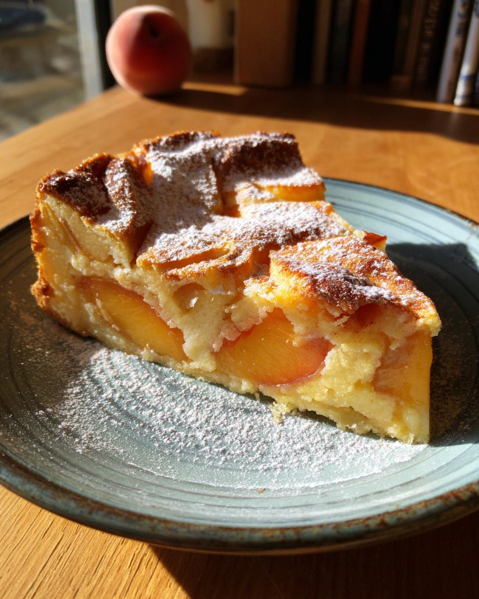 Een stuk perzik en abrikoos clafoutis op een blauw bord, bestrooid met poedersuiker.