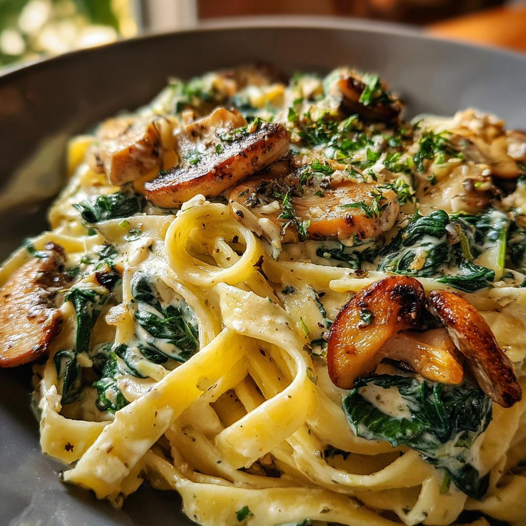 Close-up van fettuccine met romige saus, spinazie, champignons en stukjes rundvlees.