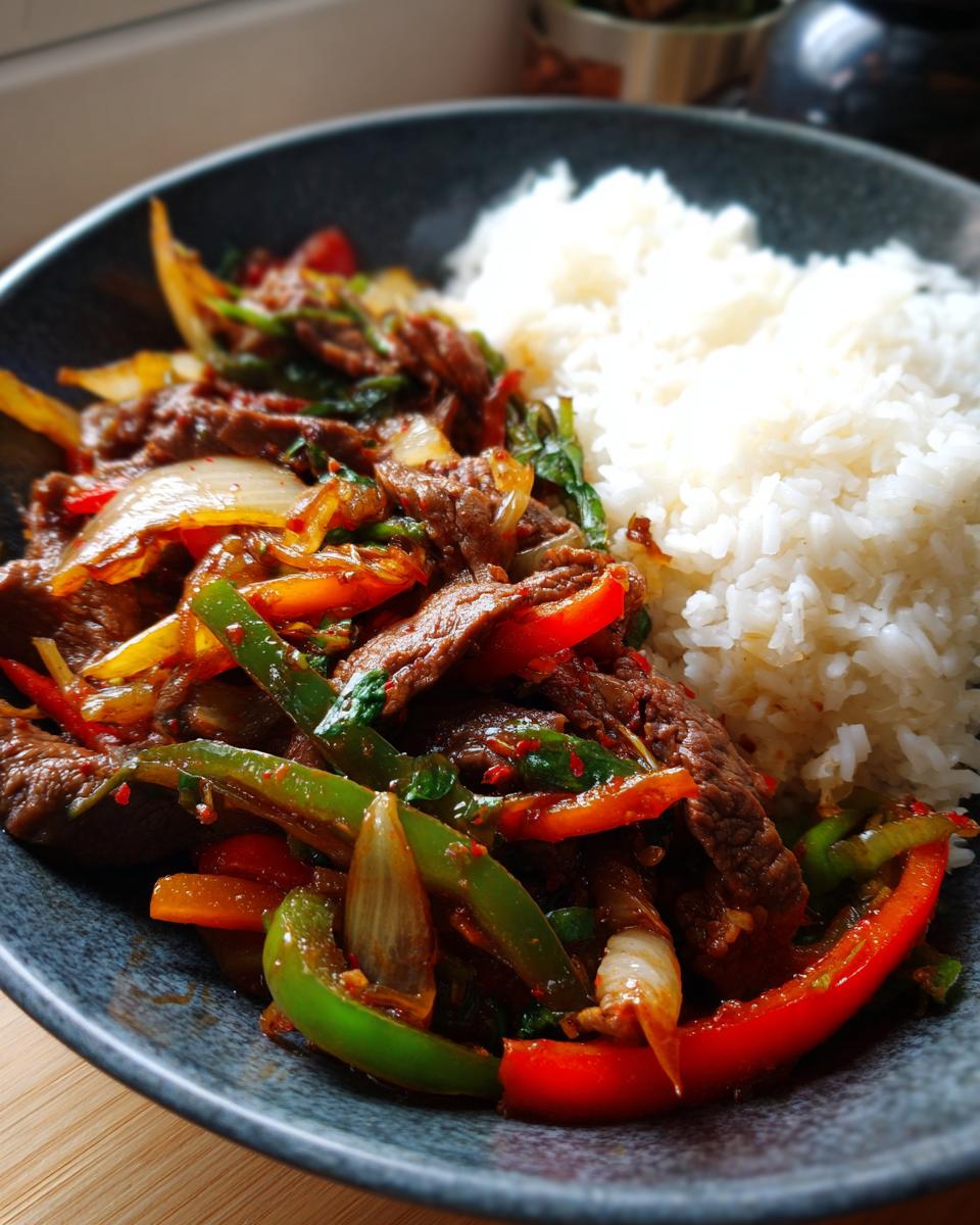 Een kom met pittig roergebakken rundvlees, paprika, ui en basilicum, geserveerd met witte rijst.