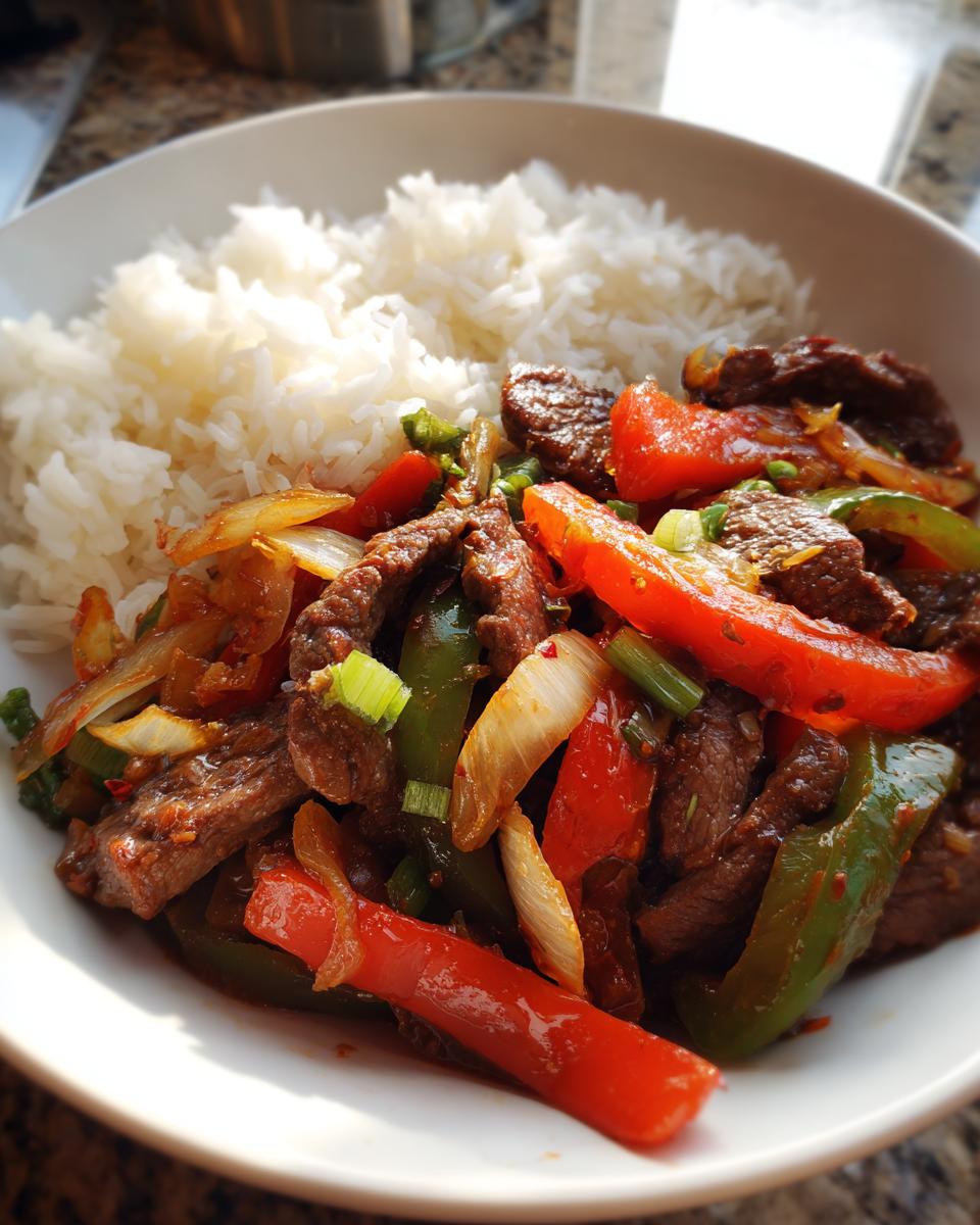 Close-up van pittig roergebakken rundvlees met paprika, ui en lente-ui, geserveerd met witte rijst.
