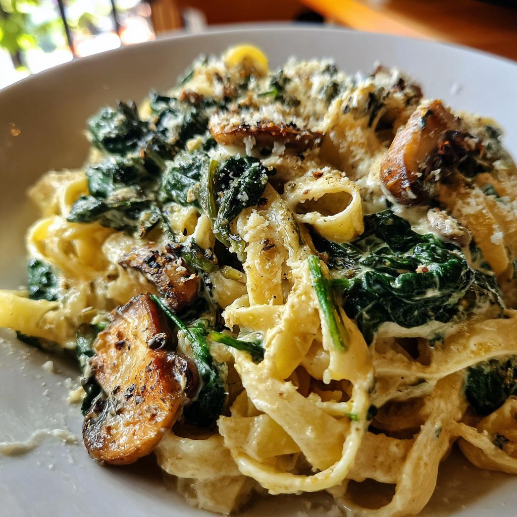 Close-up van een kom romige pasta met spinazie, champignons en Parmezaanse kaas, passend bij pittig rundvlees.