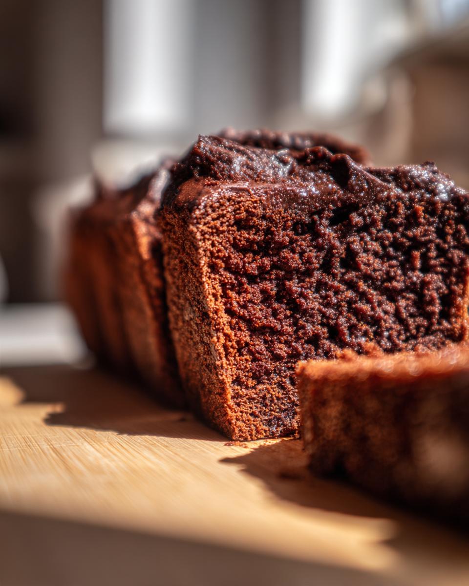 Een close-up van een rijke, donkere Poolse chocoladetaart, met een glanzende bovenkant en een luchtige textuur.