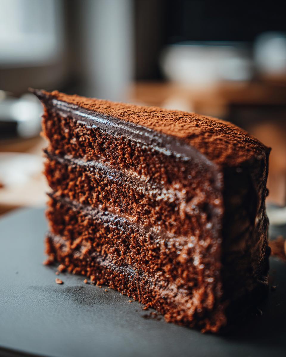 Een dikke plak Poolse chocoladetaart met meerdere lagen, gegarneerd met cacaopoeder.