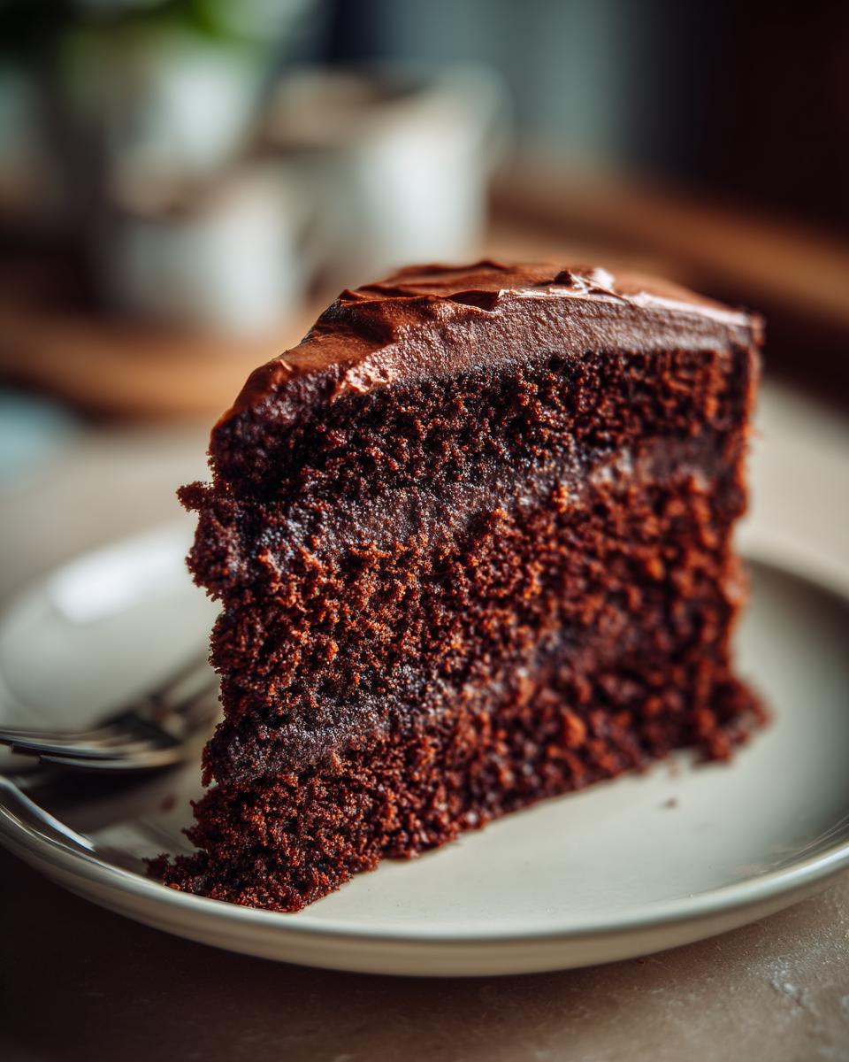 Een dichtbij shot van een sappig stuk Poolse chocoladetaart met rijke chocoladeglazuur.