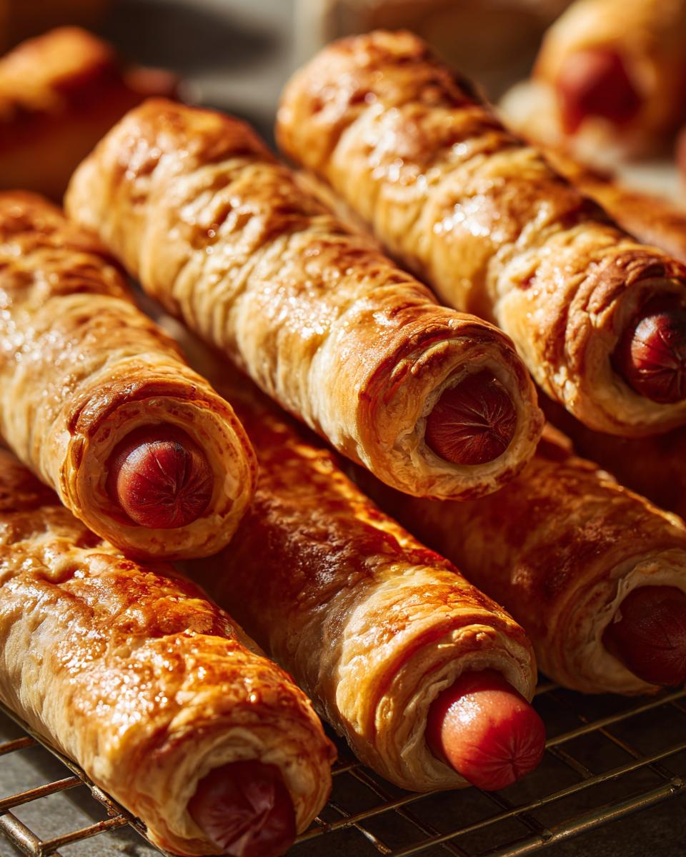 Goudbruine bladerdeeg mini hot dogs op een rooster, een heerlijk en eenvoudig hapje.