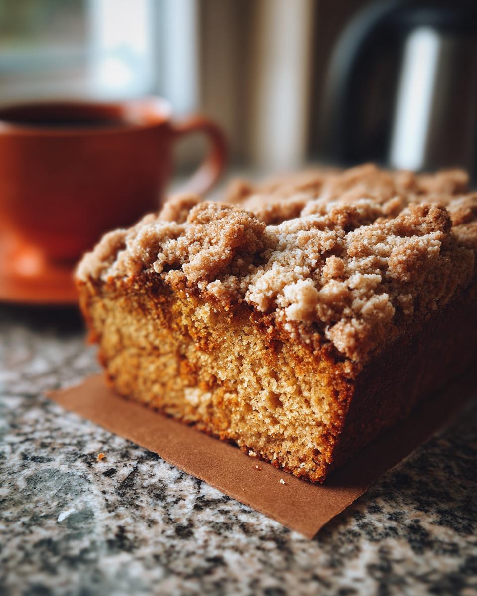 Een close-up van een Pumpkin Coffee Cake met Streusel, met een kopje koffie op de achtergrond.