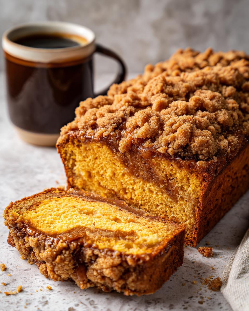 Een gesneden Pumpkin Coffee Cake met Streusel, met een kop koffie ernaast.