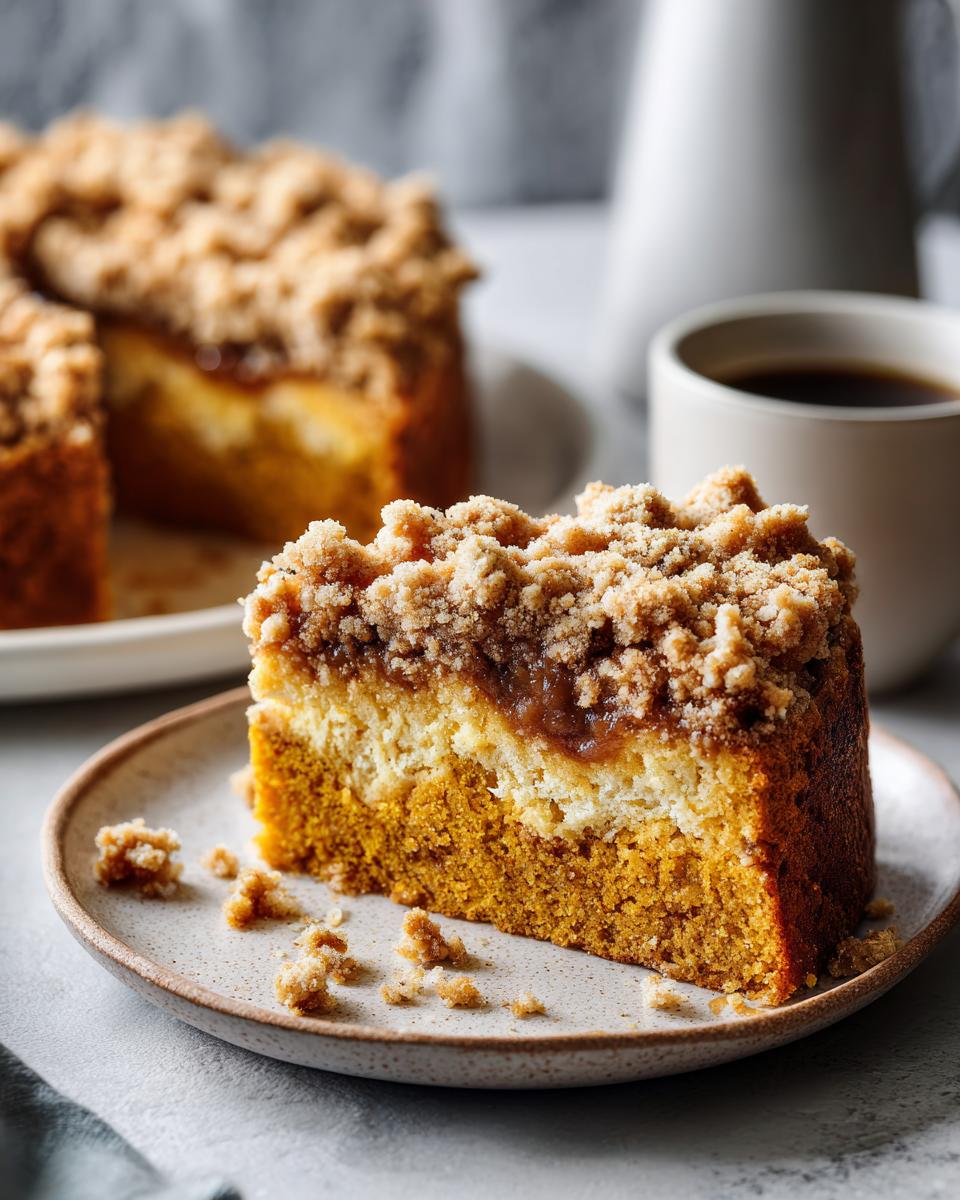 Een plak van de heerlijke Pumpkin Coffee Cake met Streusel, met een laag pompoendeeg, een laag roomkaas en een kruimelige topping.