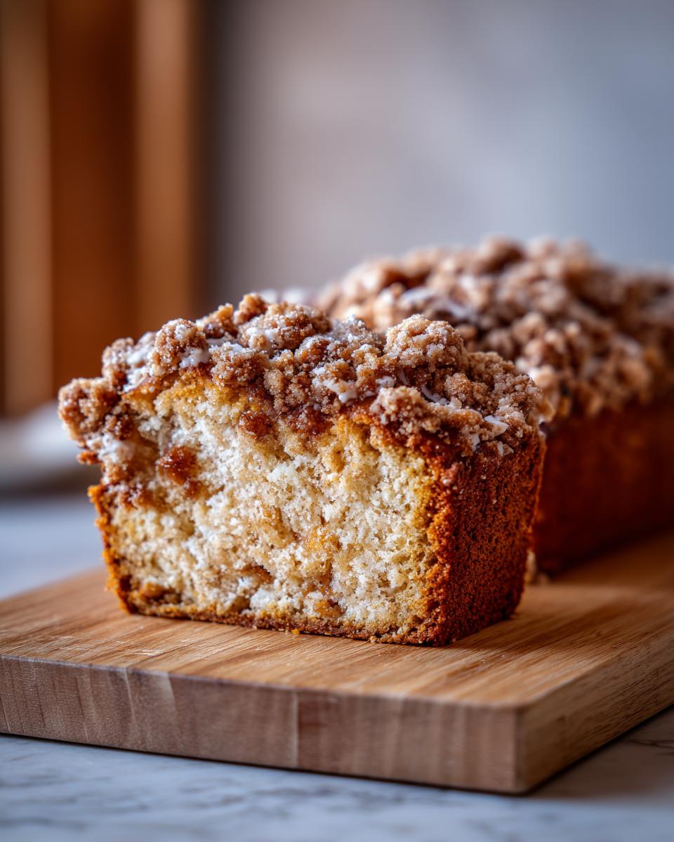 Een plak van onze Pumpkin Coffee Cake met Streusel Topping op een houten plank.