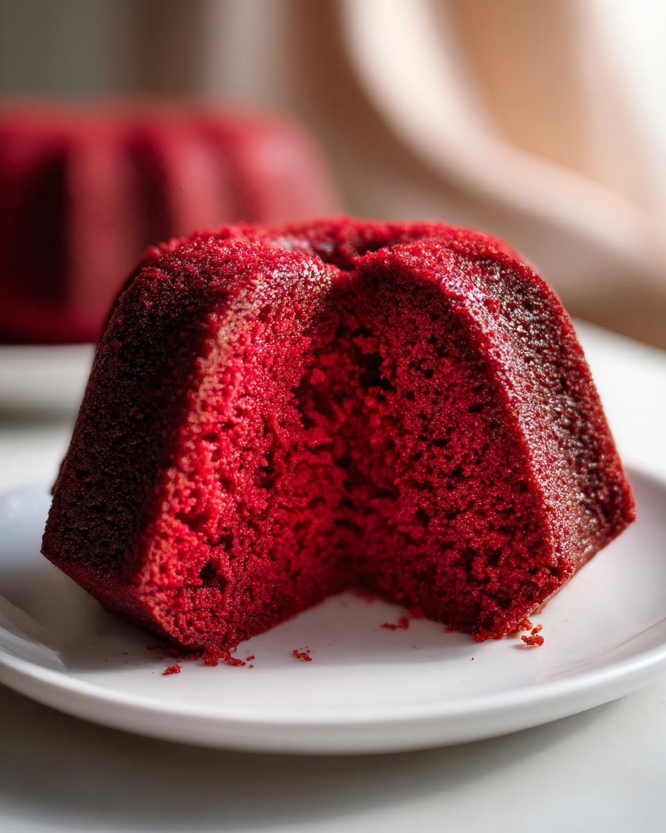 Een close-up van een gesneden Red Velvet Pound Cake op een wit bord, met een zachte rode textuur.