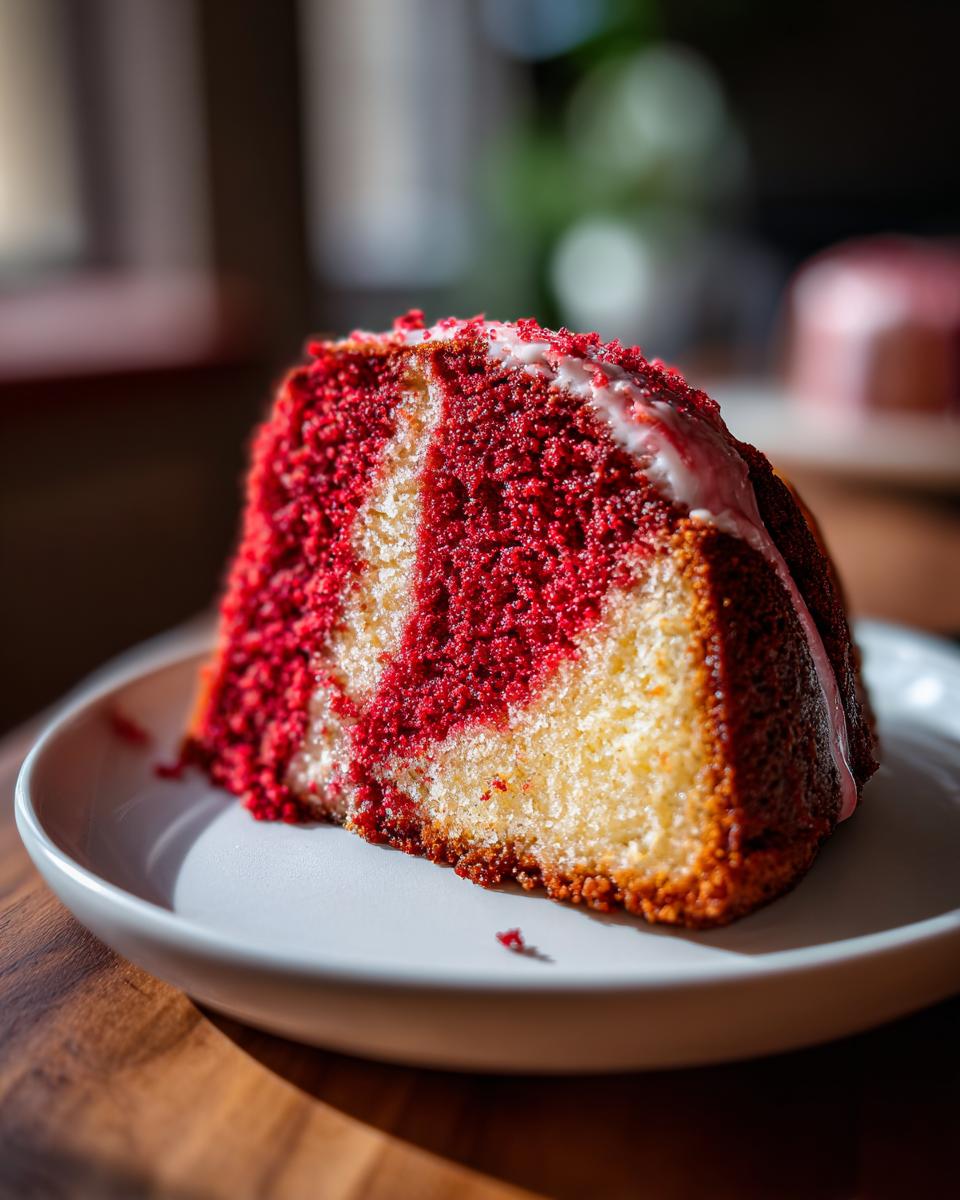 Een plak Red Velvet Pound Cake met marmerpatroon, geglazuurd en bestrooid met rode kruimels.
