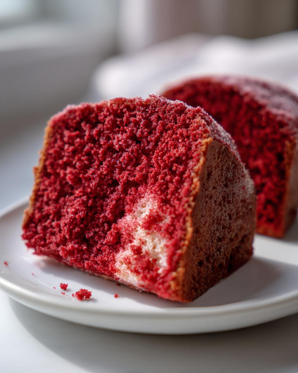Twee plakken Red Velvet Pound Cake op een wit bord, met een zachte textuur en intense rode kleur.